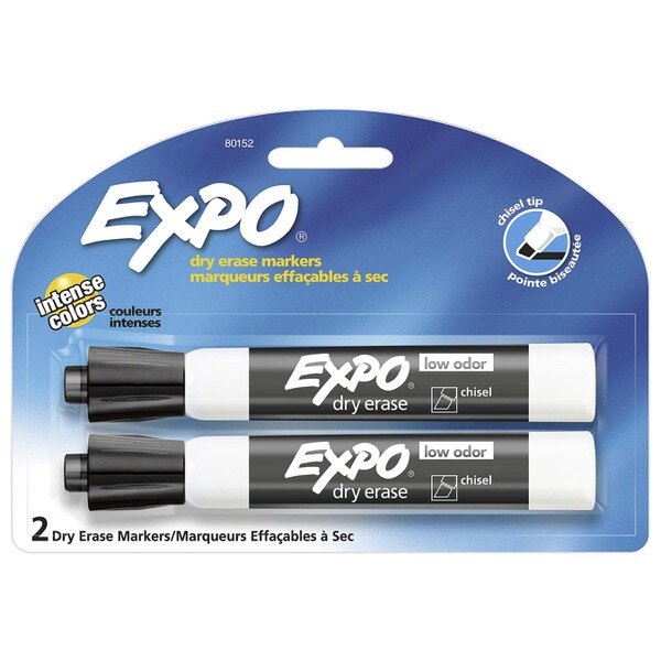 These are traditional expo black dry-erase markers. They are white with the words expo and dry-erase on them with black caps.