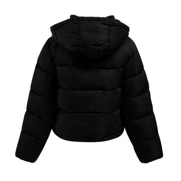 The back of the black puffer jacket with a hood.
