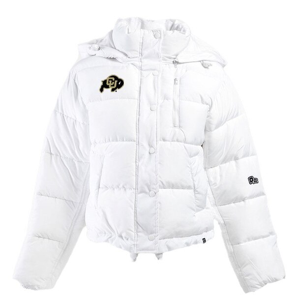 White puffer jacket with CU Buffalo logo on the chest, zippered pocket, and hood.