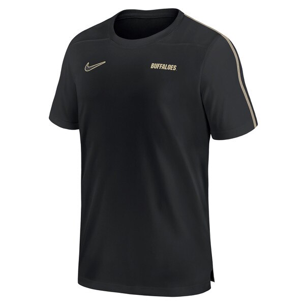 Front view of black short sleeve Nike shirt with gold BUFFALOES text and shoulder stripe detail