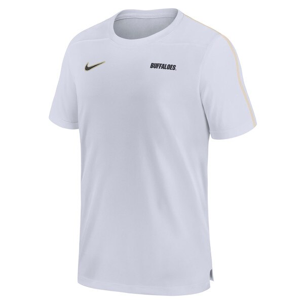 Front view of white short sleeve Nike shirt with black BUFFALOES text and gold stripe detail on shoulders