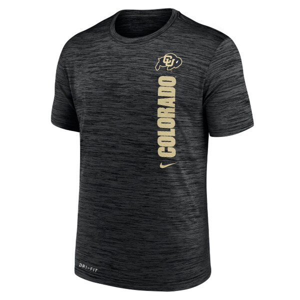 Front view of black heathered short sleeve Nike Dri-FIT shirt with vertical gold COLORADO text and CU Buffaloes logo on left chest