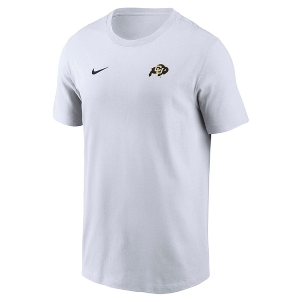 A white Nike crewneck short sleeve t-shirt with Nike symbol on right chest and C.U buffalo logo on left chest.