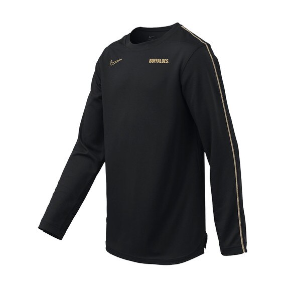 This is a black, youth sized long sleeve. The left chest says "Buffaloes" in bold block lettering, and the right chest has a Nike swoosh logo. Both are gold.