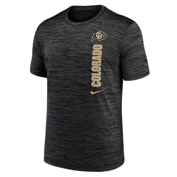 A black and gray t-shirt with the CU Buffalo logo, "Colorado," and the Nike logo displayed down the left side in gold.