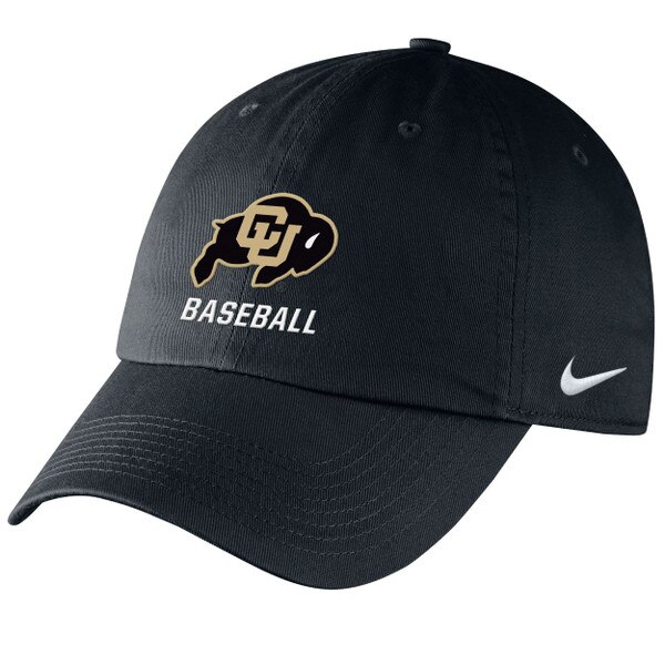 Front view of black Nike hat with CU Buffaloes logo and BASEBALL text
