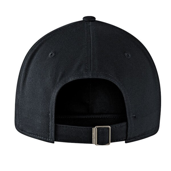Back view of black Nike hat with adjustable strap and metal buckle