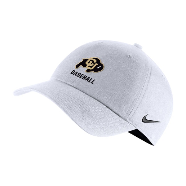 Side view of white Nike hat with CU Buffaloes logo and BASEBALL text