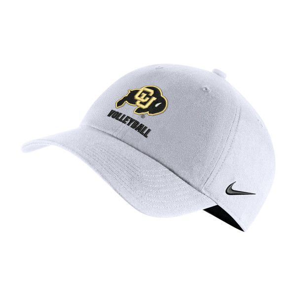 A white Nike hat with the CU Buffalo logo and "Volleyball" written in black on the front.