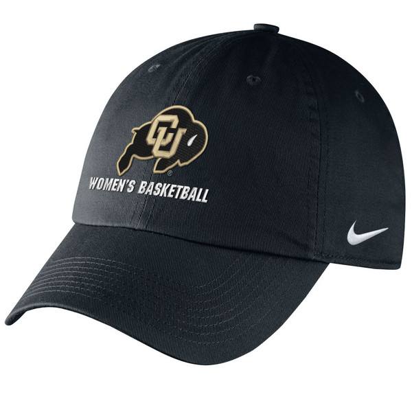 A black hat, displaying "Women's Basketball" with a CU Buffalo logo on the front, and a Nike Swoosh on the left temple.