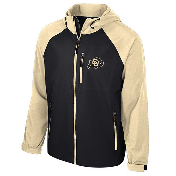 A black vegas gold Colosseum jacket with CU buffalo logo, two side pockets, and a left chest pocket.