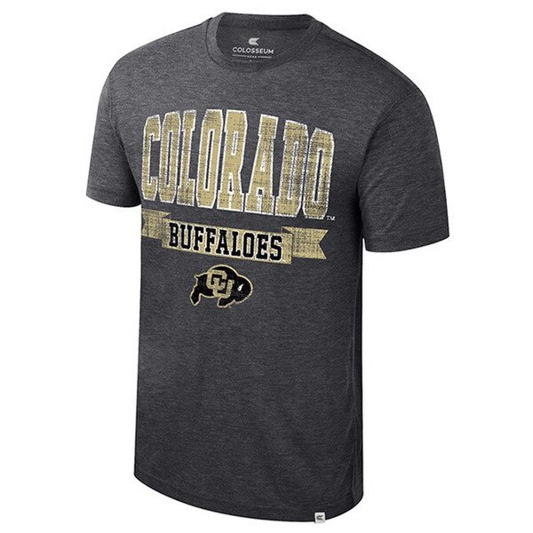 A gray T-shirt that reads "Colorado Buffaloes" in vegas gold and black block writing with the CU Buffalo logo underneath.