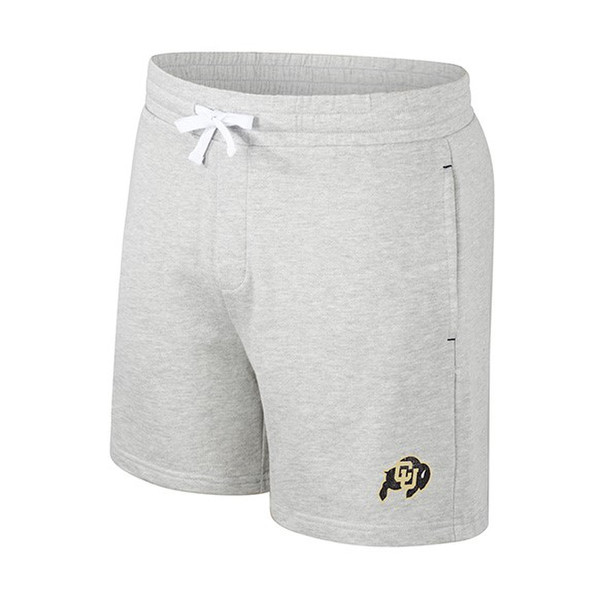Heather gray shorts with a white drawstring, with two ffront pockets and a C-U Buffalo logo on the left leg.