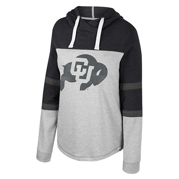 A gray and black color block hooded sweatshirt with a dark gray C-U Buffalo logo in the center.