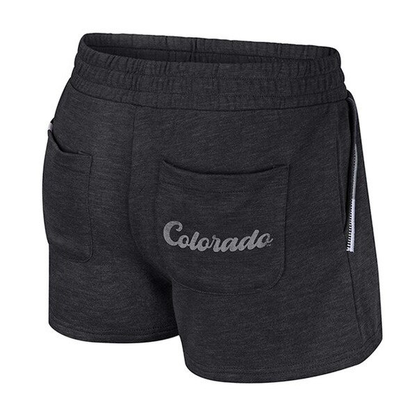 The back of dark gray shorts with two back pockets, the right of which says "Colorado" in script.