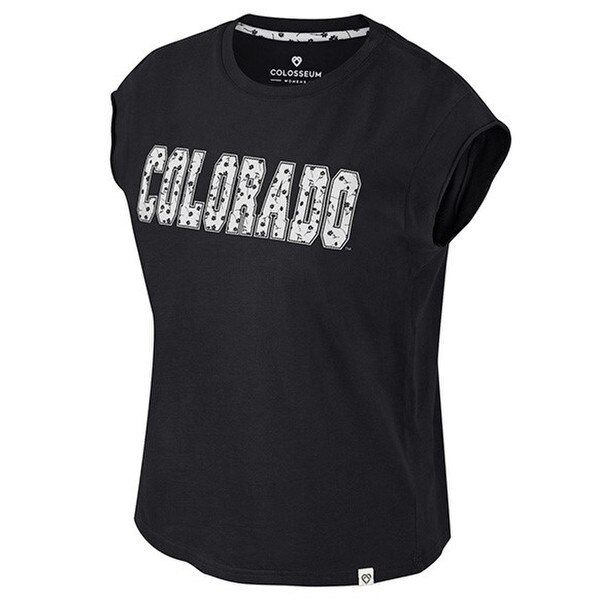 Black muscle cut t-shirt, with "Colorado" lettering on front in black and white floral pattern, with floral pattern on inner collar.
