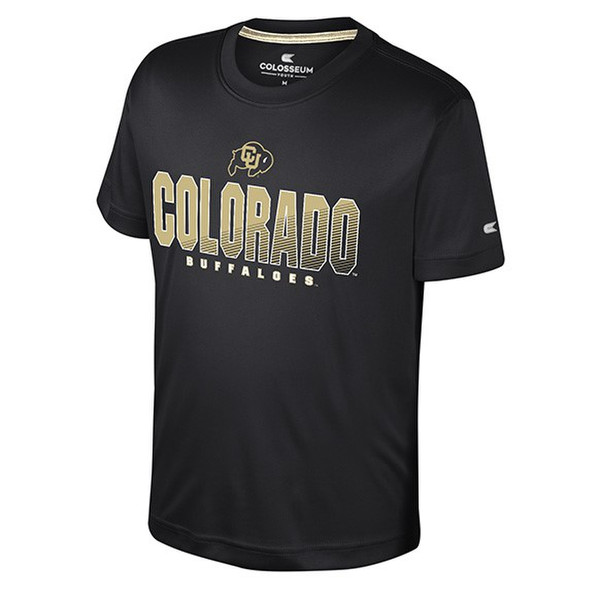 This is a Black shirt that has the CU Buffalo Logo on top of Colorado Buffaloes written in bold lettering. Buffaloes is written in smaller font size under Colorado.