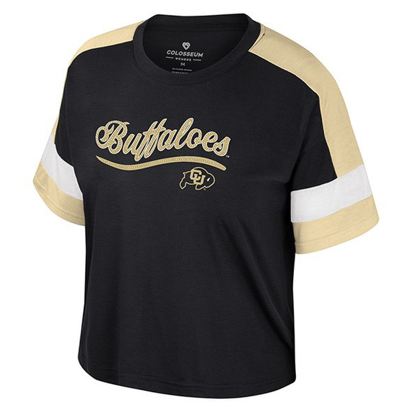 A black short sleeve girls t-shirt with Buffaloes across the front in bedazzled cursive script. The CU Buffalo Logo sits underneath and the sleeves are white and gold..