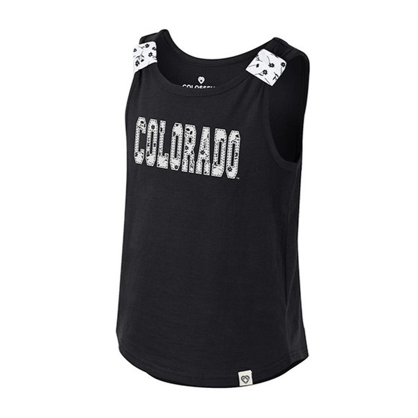 A black youth-sized tank top with Colorado in bold letters on the front. The lettering as well as the straps are adorned with black floral print.
