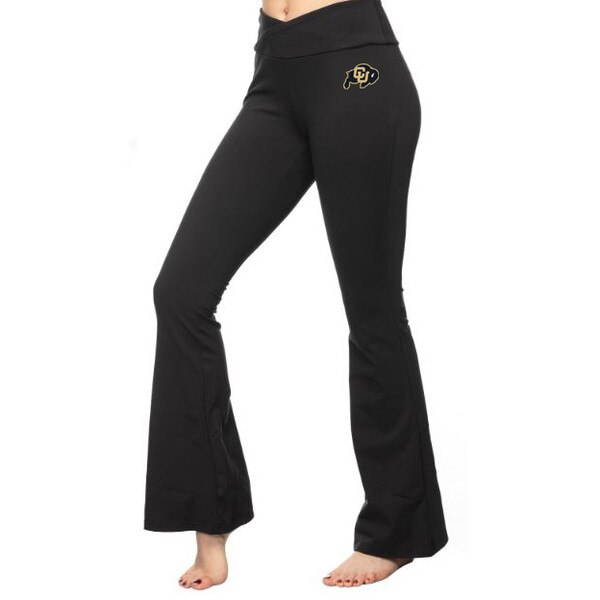 Black crossover waist flare leggings with the CU Buffalo logo on the left hip.