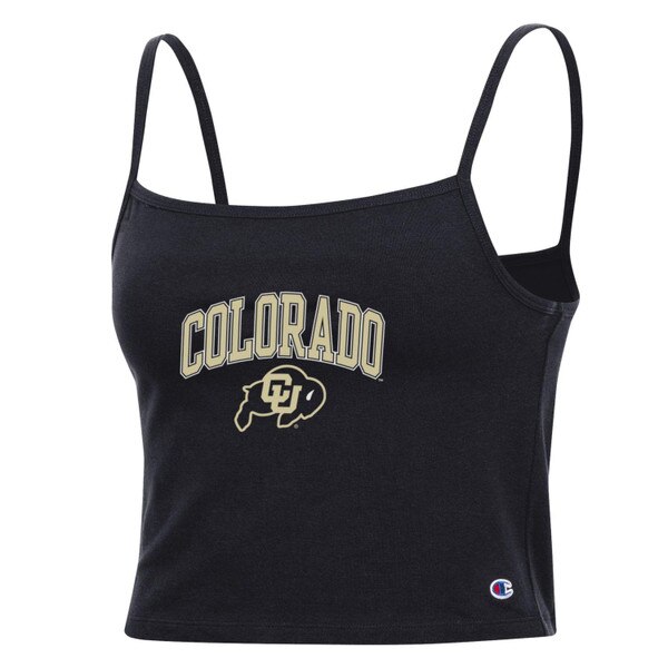 A black cami with arched Vegas Gold Colorado lettering and a C-U Buffalo logo on the center front.