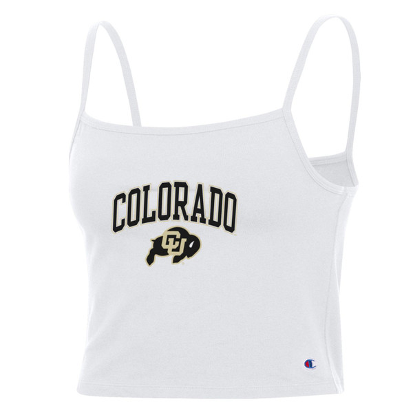 A white cami with arched black Colorado lettering and a C-U Buffalo logo on the center front.