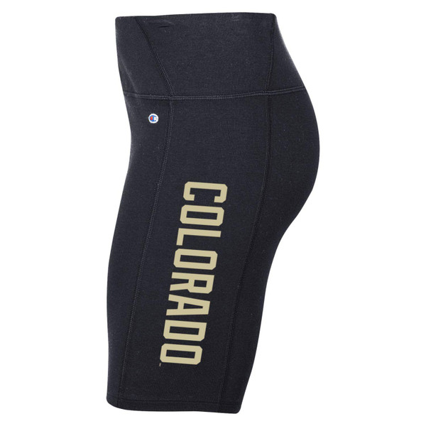 Black Champion biker shorts with "Colorado" written in vegas gold block letters down the left side.