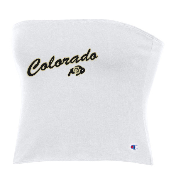 A white tube top, featuring black Colorado script and a C-U Buffalo logo.