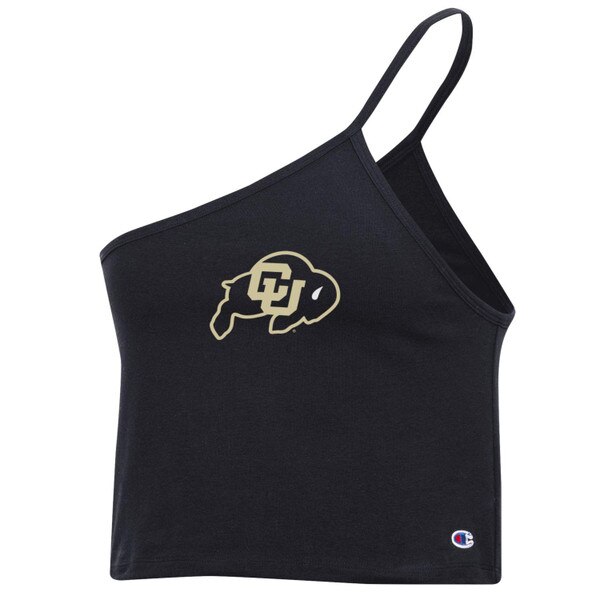 A black one shoulder cropped cami, featuring a C-U Buffalo logo.