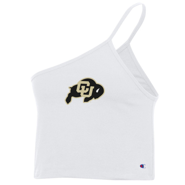 A white one shoulder cropped cami, featuring a C-U Buffalo logo.