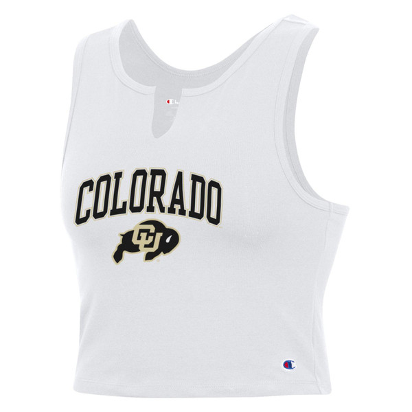 A white cropped tank top with a split top hem, featuring arched black Colorado lettering and a C-U Buffalo logo.