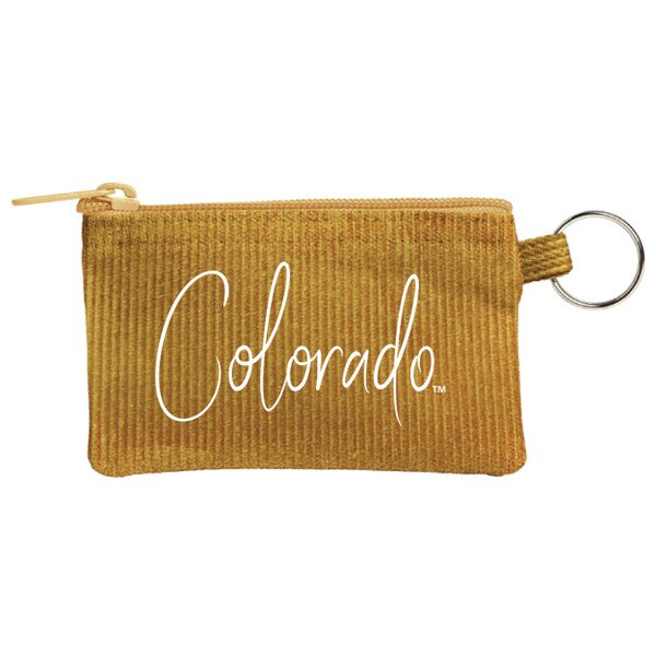 A gold corduroy coin pouch with white cursive 'Colorado' lettering on front with attached small loop with key ring attached.