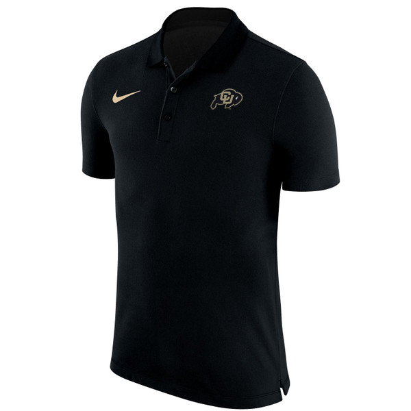 A black quarter button-up collared short-sleeve polo, with a C-U Buffalo logo on it.
