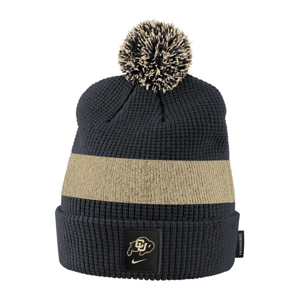 A black youth Nike sideline 23 beanie with CU colored pom-pom, gold stripe, and CU Buffalo logo patch.