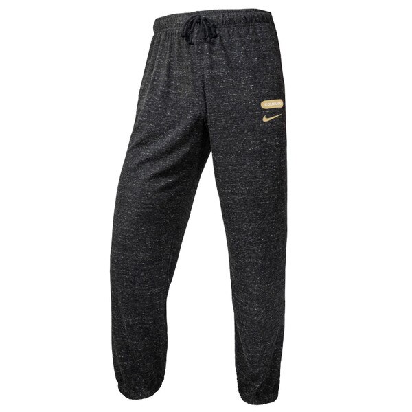 Heathered black Nike joggers with gold Colorado patch and swoosh on left thigh