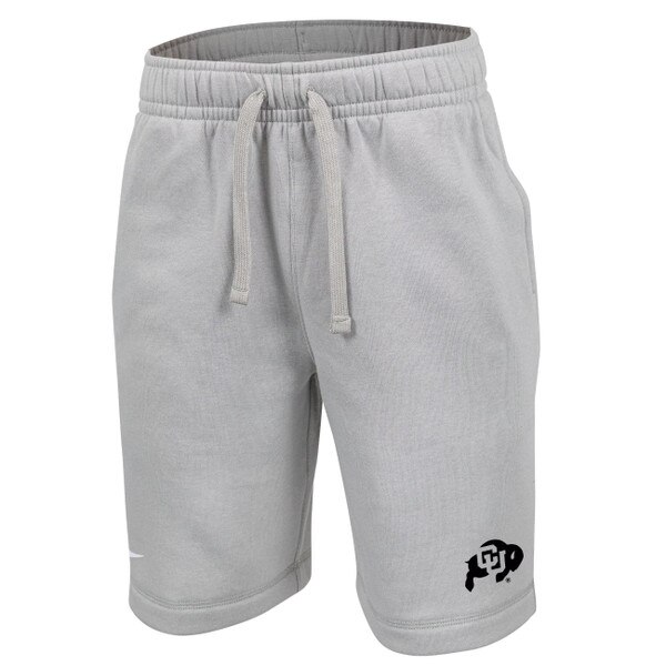 A pair of simple gray youth Nike shorts, the right leg has a swoosh and the left leg has a CU Buffalo logo.