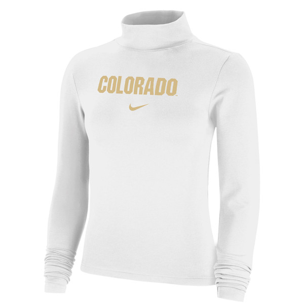 A white mock neck long sleeve top, featuring Vegas Gold Colorado lettering and a Nike Swoosh logo beneath it.