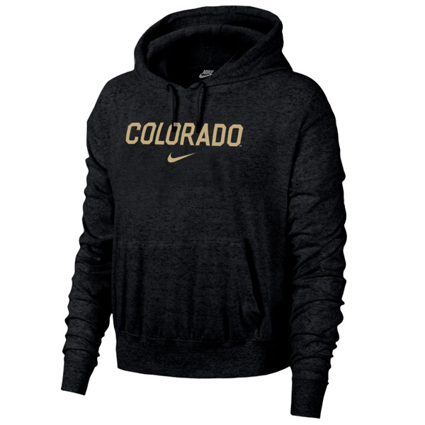 A black hoodie featuring Colorado lettering and a Nike logo with a drawstring hood and a large kanga pocket.