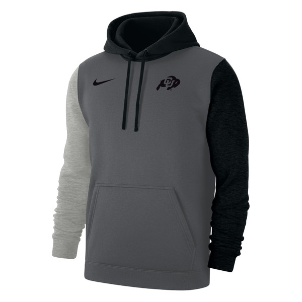 A light gray, dark gray, and black color block hoodie with a drawstring hood and a large kanga pocket, featuring a black C-U Buffalo logo on the left chest and a Nike swoosh on the right.