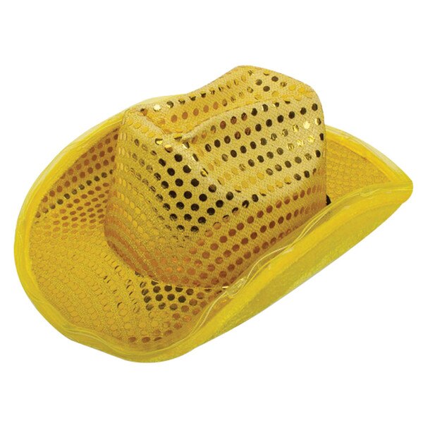 A gold Neil sequin cowboy hat with adjustable drawstring.