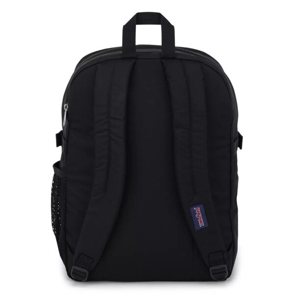 The back of the backpack with two adjustable shoulder straps and a top strap for holding.