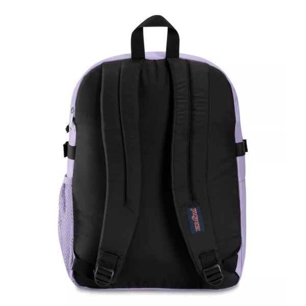 The back of the backpack with two adjustable shoulder straps and a top strap for holding.