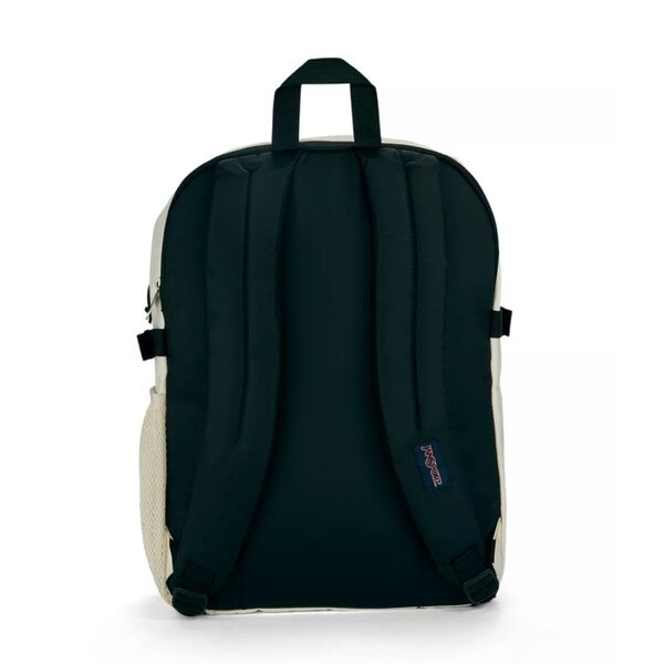 The back of the backpack with two adjustable shoulder straps and a top strap for holding.
