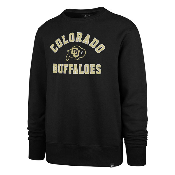 A black crewneck featuring arched Vegas Gold Colorado Buffaloes lettering and a CU Buffalo logo.