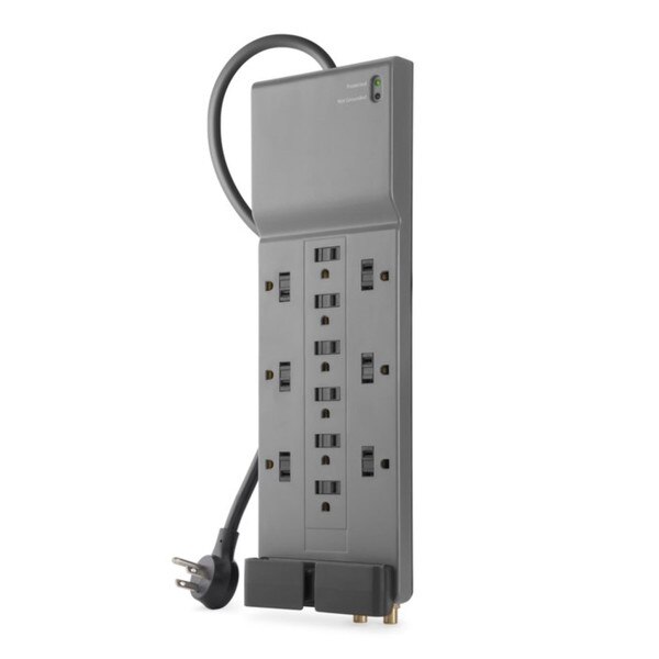 A dark gray surge protector with twelve outlets and a ten foot extension cord.
