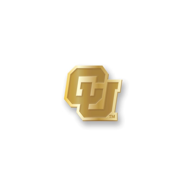 A gold metal interlocking C-U lapel pin.