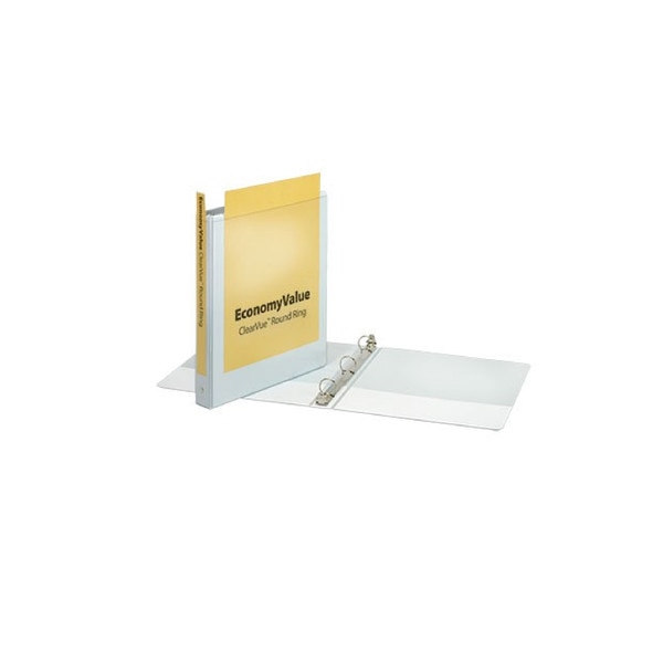 `Clear view white binder with round rings, shown open and closed, featuring an insertable cover and spine labeled "EconomyValue."