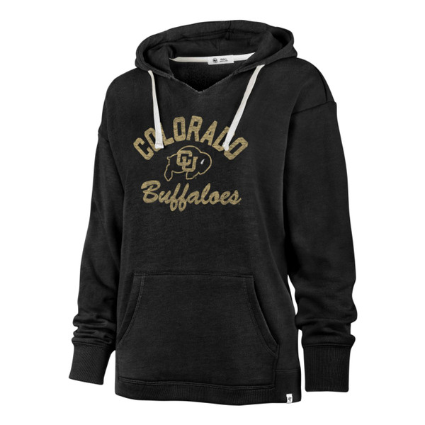 A vintage black hoodie with a large kanga pocket, featuring Colorado Buffaloes and a C-U Buffalo logo both in vegas gold.