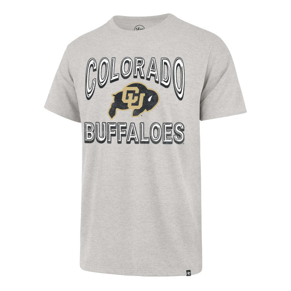 A light gray t-shirt with Colorado Buffaloes in white comic-style font, featuring a C-U Buffalo logo in between the two words.