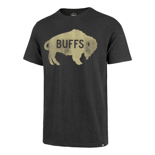Black short-sleeve t-shirt featuring a large gold buffalo silhouette with the word "BUFFS" in black across the center.